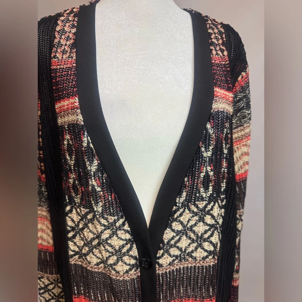 Catherines Black, Red, and Cream Textured Patterned One- Button Cardigan,